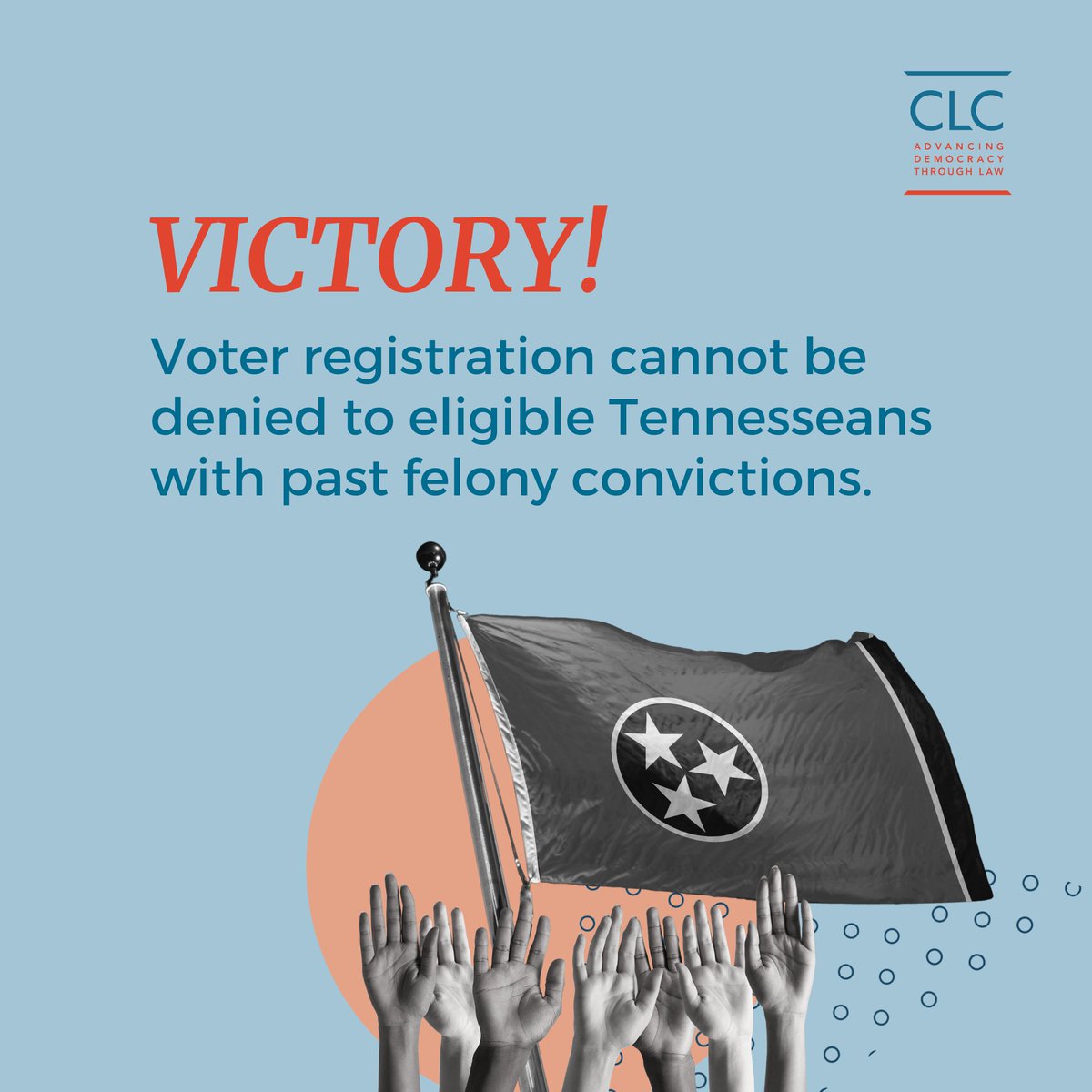 VICTORY: In a win for Tennesseans who have been wrongly denied a voice in their government for too long, a new ruling has affirmed that Tennessee election officials CANNOT deny voter registration to eligible voters who have past felony convictions: campaignlegal.org/update/victory… 1/