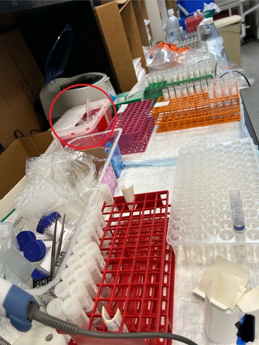 The answer is…a full sharp container box! There is even a pipette sticking out. This poses a safety risk. The container must be locked up for disposal when it's ¾ full. Check in tomorrow at 9 a.m. ET for a new picture! #ASMClinMicro #LabWeek #Lab4Life