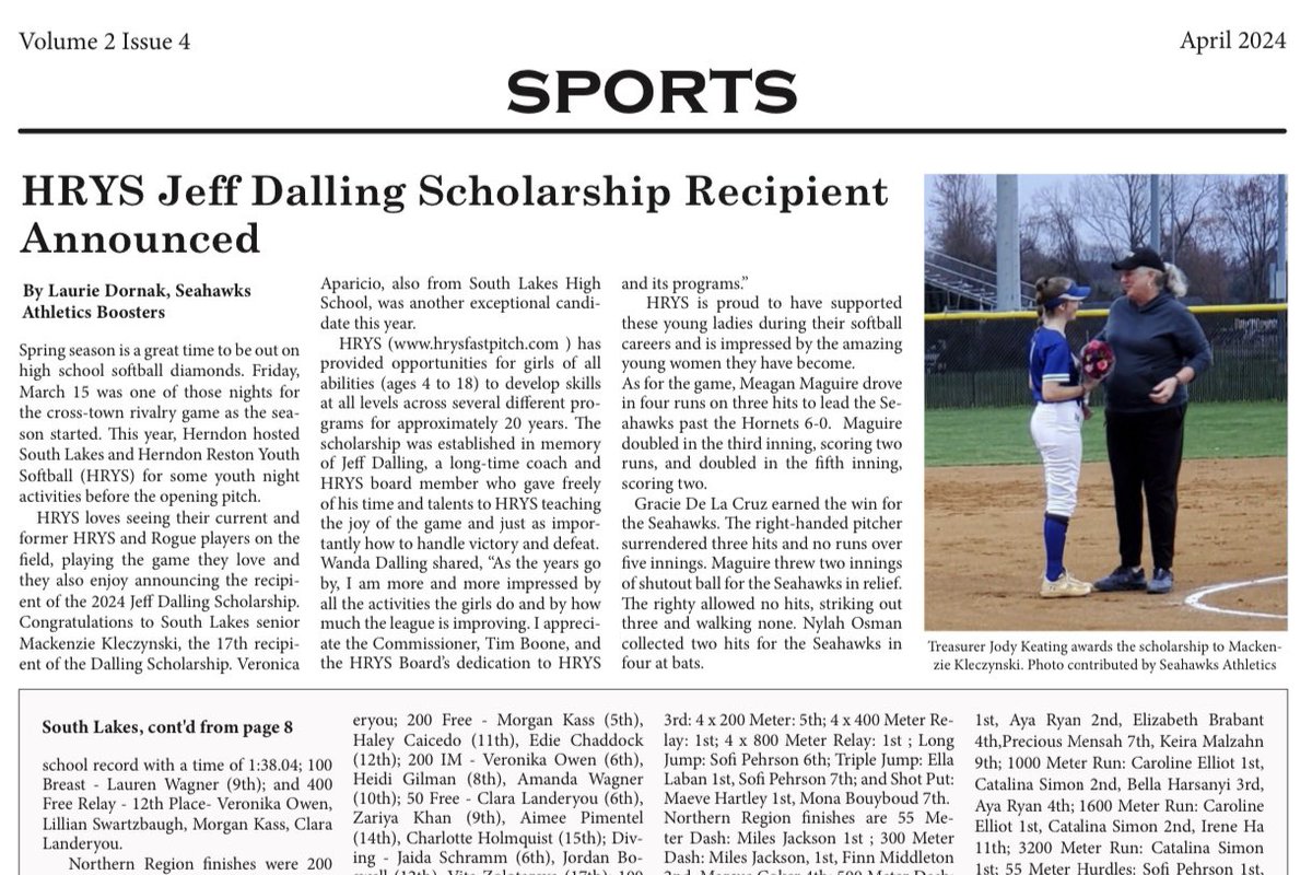 Congratulations again Mackenzie! #seahawkproud💚💙 @hrysoftball scholarship awards covered via @therestonletter @SLHSVSOFTBALL 🔗 in Bio to current issue