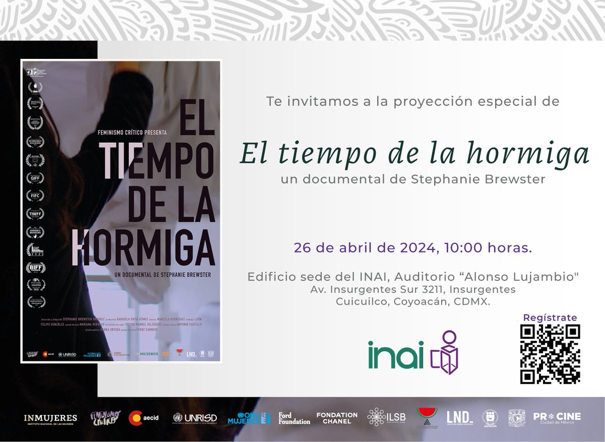 Únete a la proyección especial de 'El tiempo de la Hormiga' el 26 de abril en el @INAImexico. Un documental profundo y sincero que retrata la vida de jóvenes mujeres en México, cuyo papel es fundamental en las tareas de cuidados en sus hogares. Regístrate: bit.ly/3U4dEDf