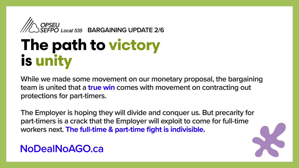 The bargaining team is united that a true win comes with movement on contracting out protections for part-timers. @agotoronto is hoping to divide and conquer. But precarity for part-timers is a crack the Employer will exploit to come for full-time workers next.