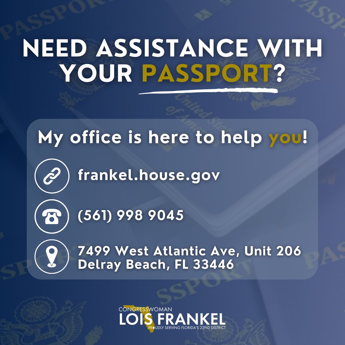 As summer nears and some of you plan to travel abroad, remember that obtaining your passport can take time!

My team and I are here to help with this and other federal agency needs. Visit us in Delray Beach, call (561) 998-9045, or go to frankel.house.gov for more info.