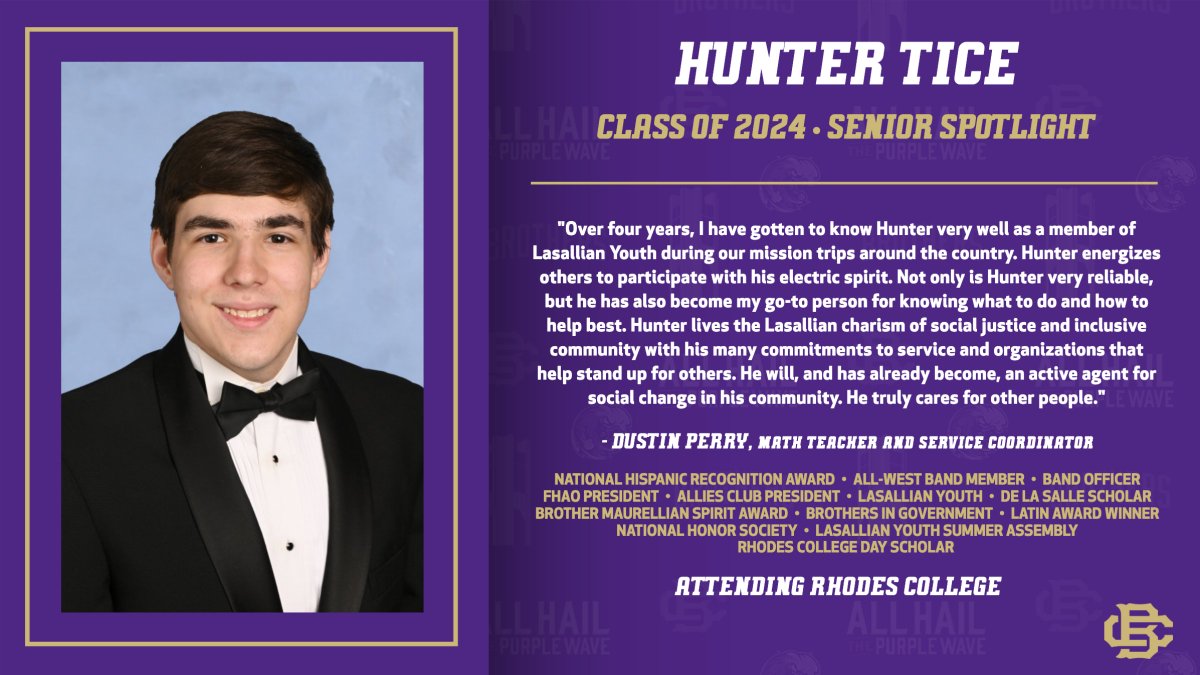 As the school year draws to a close and graduation looms nearer, we present our Senior Spotlights, Brothers' Boys chosen to represent a cross-section of the Class of 2024 in all its facets and achievements. Up next: Rhodes College Clarence Day Scholarship Recipient, Hunter Tice