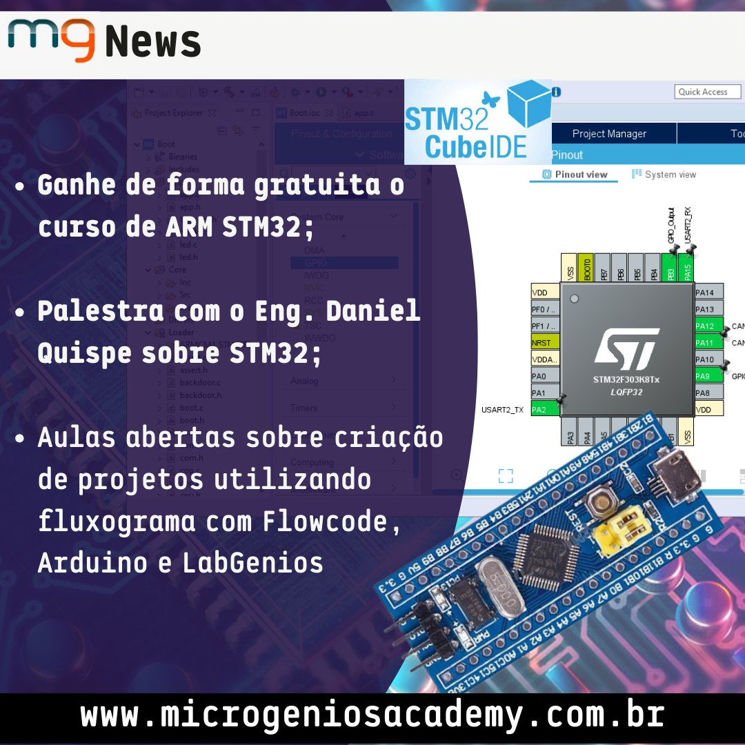 microgenios's tweet photo. MGNews 19/04/2024 - Ganhe o curso de ARM STM32, Palestra com Eng. Daniel Quispe, Aulas Abertas Flowcode Arduino e LabGenios
Link para assistir: https://t.co/dCrlZl9gD1
#microgenios #MicrogeniosAcademy #microcontrolador #ARM #ARMCortex #STM32 #Arduino #PIC #RaspberryPi #ESP32 https://t.co/xBpx00Si93