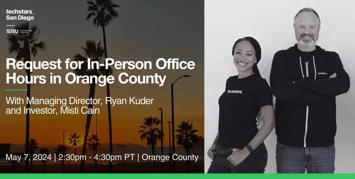 TechstarsSDSU's tweet image. 🔔 In Person Event Alert 🔔 - Meet the Techstars San Diego Powered by SDSU Team in Orange County.
Join us for office hours + in-person AMA (ask me anything) event on May 7th.
Request Office Hours ➡ airtable.com/appDgZhfvg1Kok…
RSVP for the AMA ➡ lu.ma/8qqmwzm8