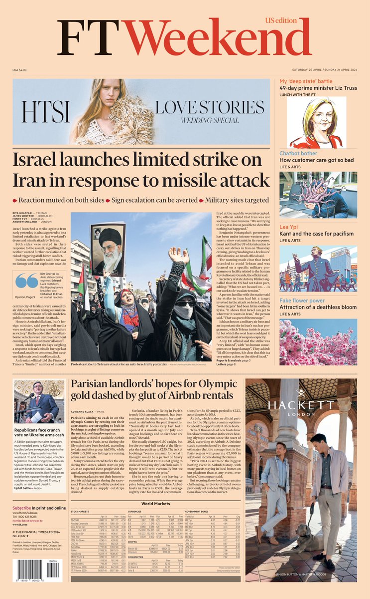 FT International: Israel launches limited strike on Iran in response to missile attack #TomorrowsPapersToday