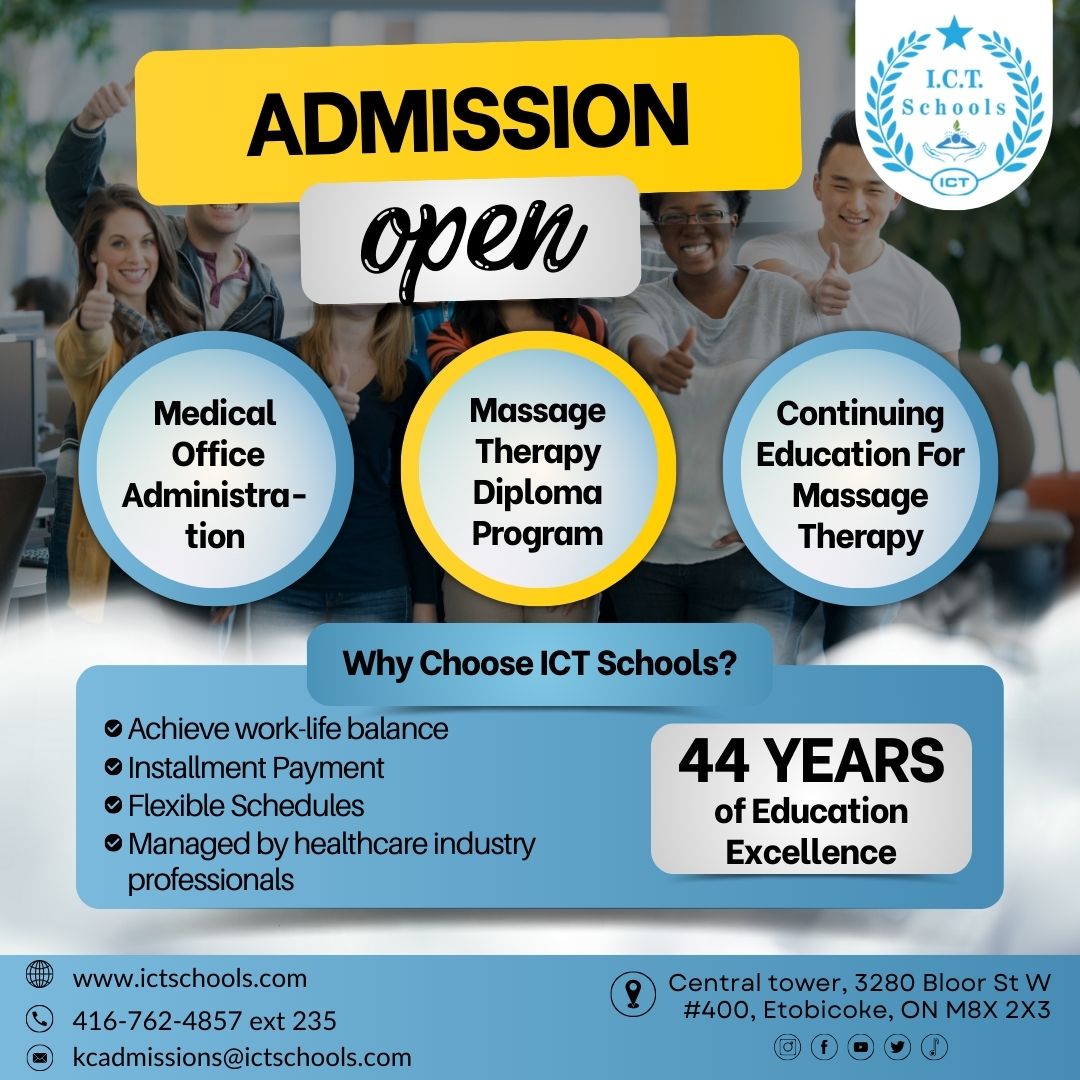 🎓 Admission is now OPEN! 🌟 Explore our Massage Therapy & Medical Office Administration Diploma Program at ICT Schools. Contact us: at 416-762-4857 ext 235 or kcadmissions@ictschools.com. 🏫 #ICTSchools #AdmissionOpen #CareerOpportunity #FlexibleLearning #EducationExcellence