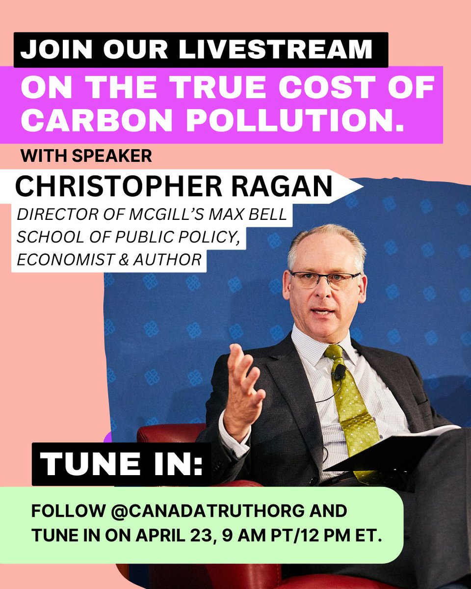 Join us Tuesday for a livestream looking at the true costs of carbon pollution - and the need to be intentional about deciding who pays. First guest: economist and author Christopher Ragan, of McGill's Max Bell School of Public Policy! #CarbonCosts