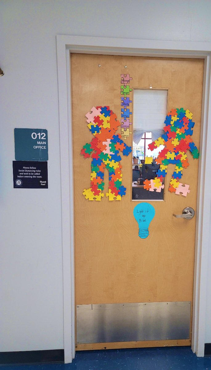 Congratulations to our Autism Awareness door decorating contest winner, our main office! Way to go main office team! @NBPS_pwms @ECampbell1971 @nbpschools #AutismAwarenessMonth #allin4nb