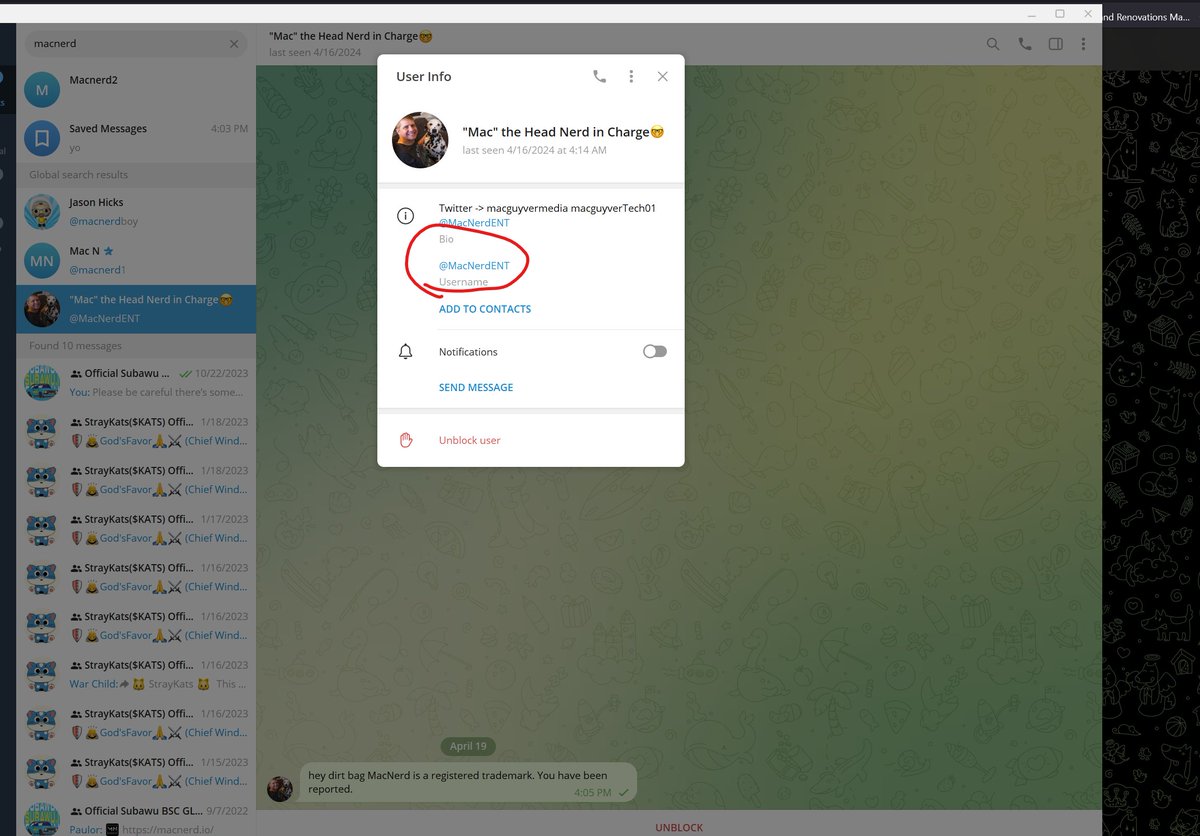 🚨 There is a Fake Mac on TG trying to scam people by using my name.

Please report and block this malicious actor 🙏

t.me/MacNerdENT