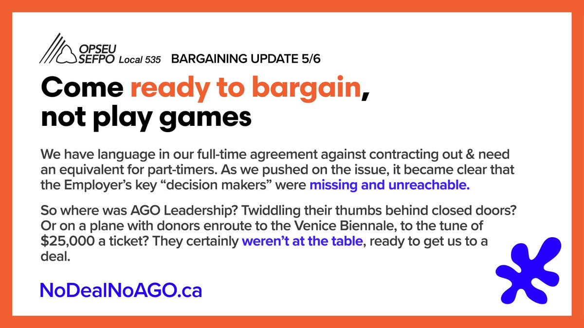 @agotoronto It quickly became clear that the Employer’s key “decision makers” were missing and unreachable. So where was @agotoronto Leadership? On a plane with donors enroute to the Venice Biennale, to the tune of $25,000 a ticket? They weren’t at the table, ready to get us to a deal.