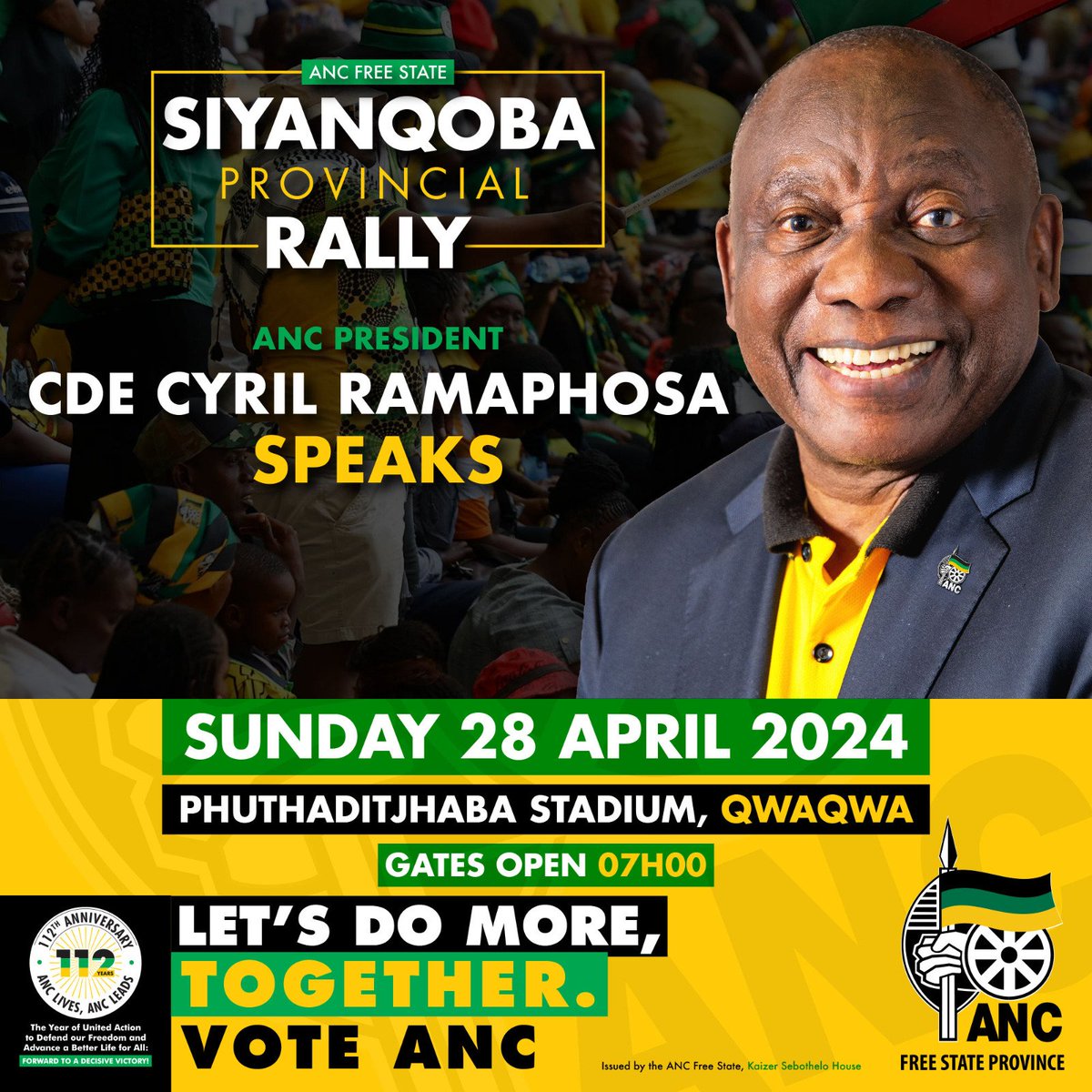 ANC President Cde Cyril Ramaphosa speaks at the Free State Siyanqoba Rally. 

The ANC FS will host the Siyanqoba Rally in Phuthaditjhaba Stadium, Qwaqwa. 
@ANCFS
@MYANC
#firstballotvoteANC
#secondballotvoteANC
#thridballotvoteANC