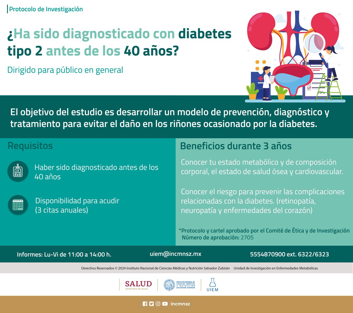 Participa en el Protocolo de Investigación, el objetivo es desarrollar un modelo de prevención, diagnostico y tratamiento para evitar daño en los riñones ocasionado por la diabetes. Protocolo y cartel aprobado por el Comité de Ética y de Investigación.