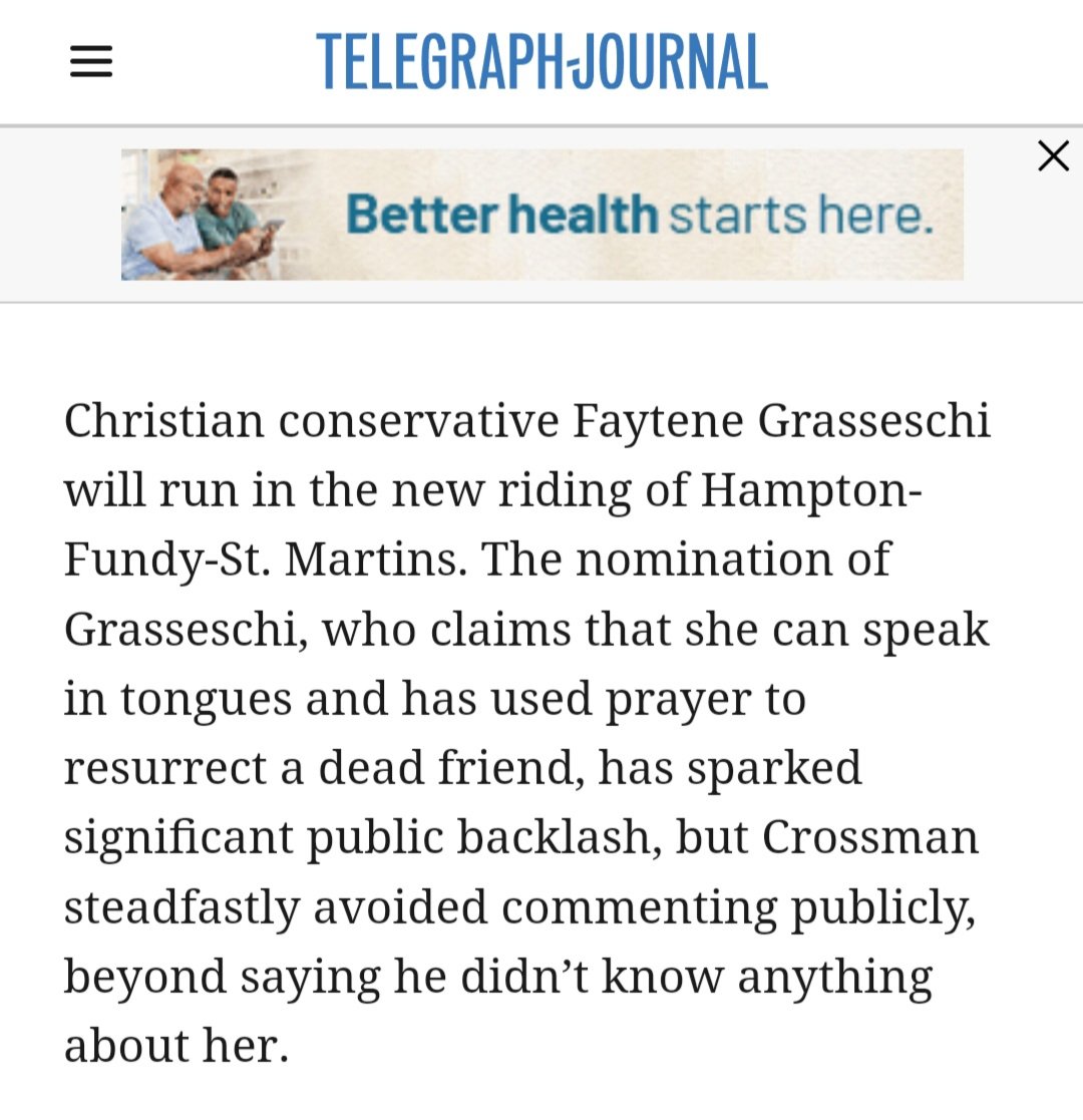 Perhaps after so much hoopla today, the #PropheticConservatives of @pcnbca will find comfort and solace in this news story's providential ad placement. NBers need to protect our public health care, and demand hard work to improve it, rather than relying on 'signs and wonders.'