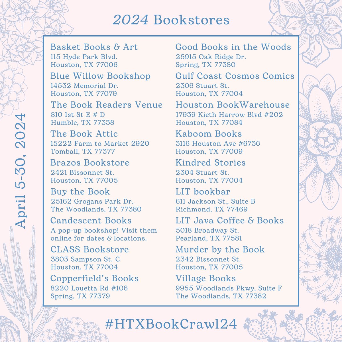 BlueWillowBooks's tweet photo. ✨The first-ever #Houston Bookstore Crawl is happening now!✨
18 Houston-area indie bookshops invite you to visit us this month—not only on #IndieBookstoreDay, but all April! 🥳
Visit our website for the details on #HTXBookCrawl24: https://t.co/F3Dj7bnnJB https://t.co/vIQeT7UxOL