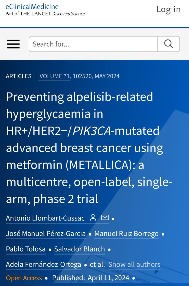 Preventing alpelisib-related hyperglycaemia in HR+/HER2−/PIK3CA-mutated advanced breast cancer using metformin: METALLICA 🔍Normoglycemic pts (Cohort A) and prediabetic pts (B) G3-4 HG (first 8 weeks) Cohort A➡️2.1% Cohort B➡️15% Prophylactic metformin✅️ @OncoAlert