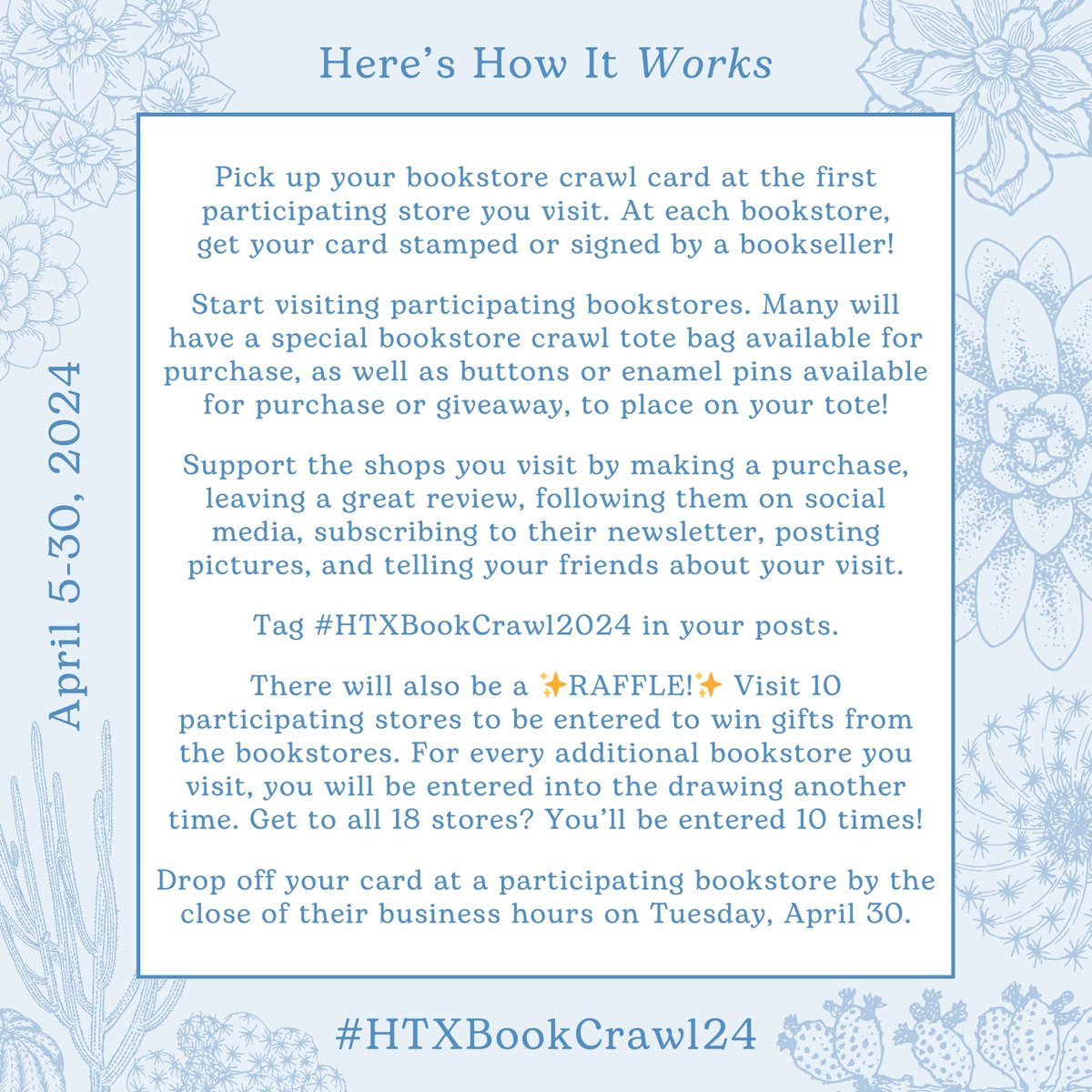 ✨The first-ever #Houston Bookstore Crawl is happening now!✨

18 Houston-area indie bookshops invite you to visit us this month—not only on #IndieBookstoreDay, but all April! 🥳

Visit our website for the details on #HTXBookCrawl24: bluewillowbookshop.com/HTXBookCrawl24