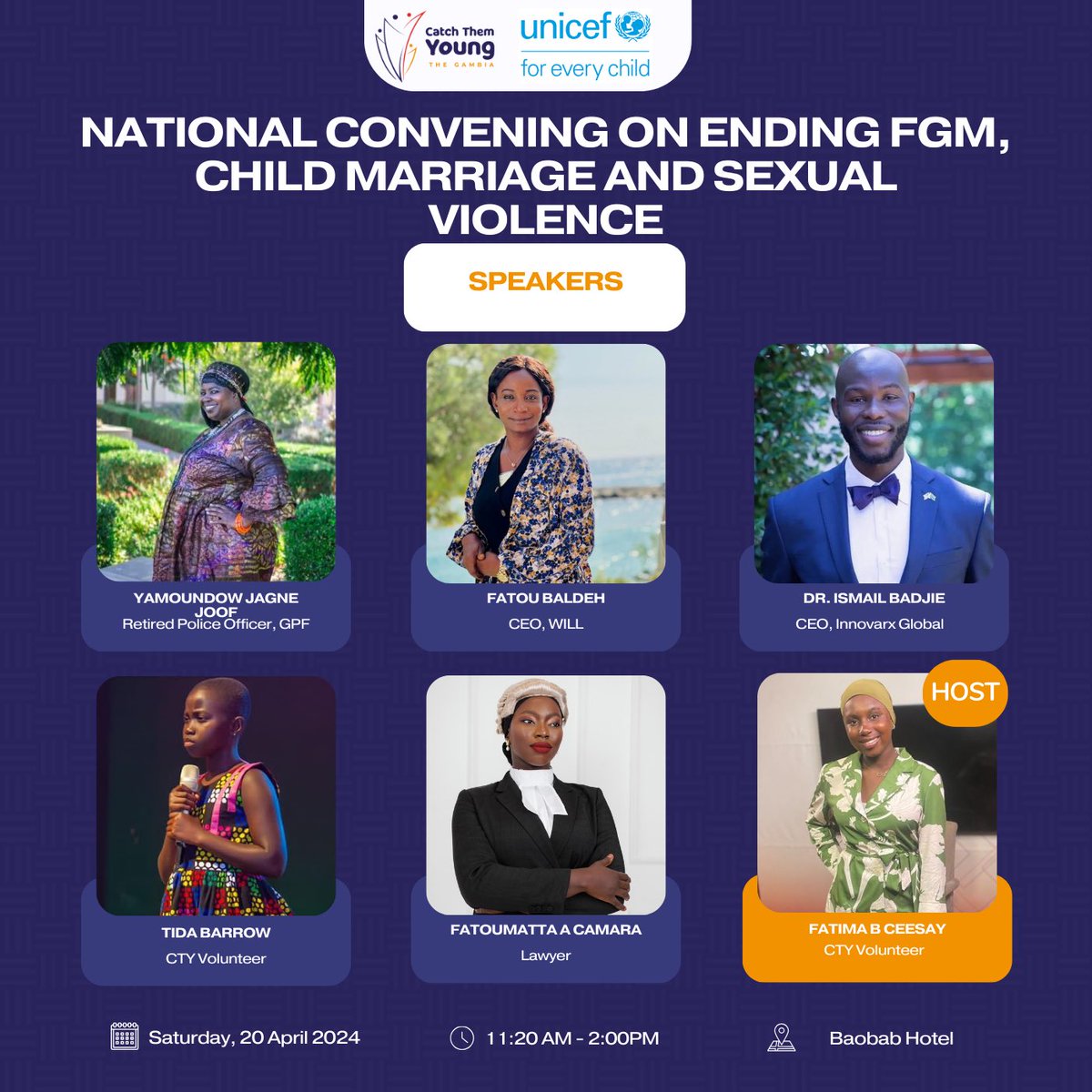 Join us tomorrow at Baobab Hotel as we hold a national conversation on ending FGM, child marriage and sexual violence. ⏰ 9am - 2pm 🗓 20 April Funded by @UNICEFGambia #EndFGM220