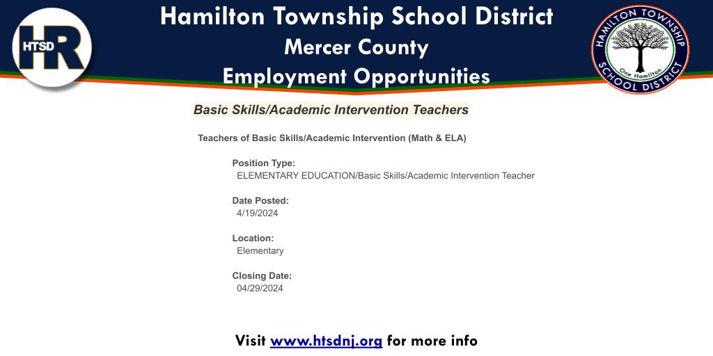 Online Employment Application | Open Positions: Basic Skills/Academic Intervention Teachers applitrack.com/hamilton/onlin…