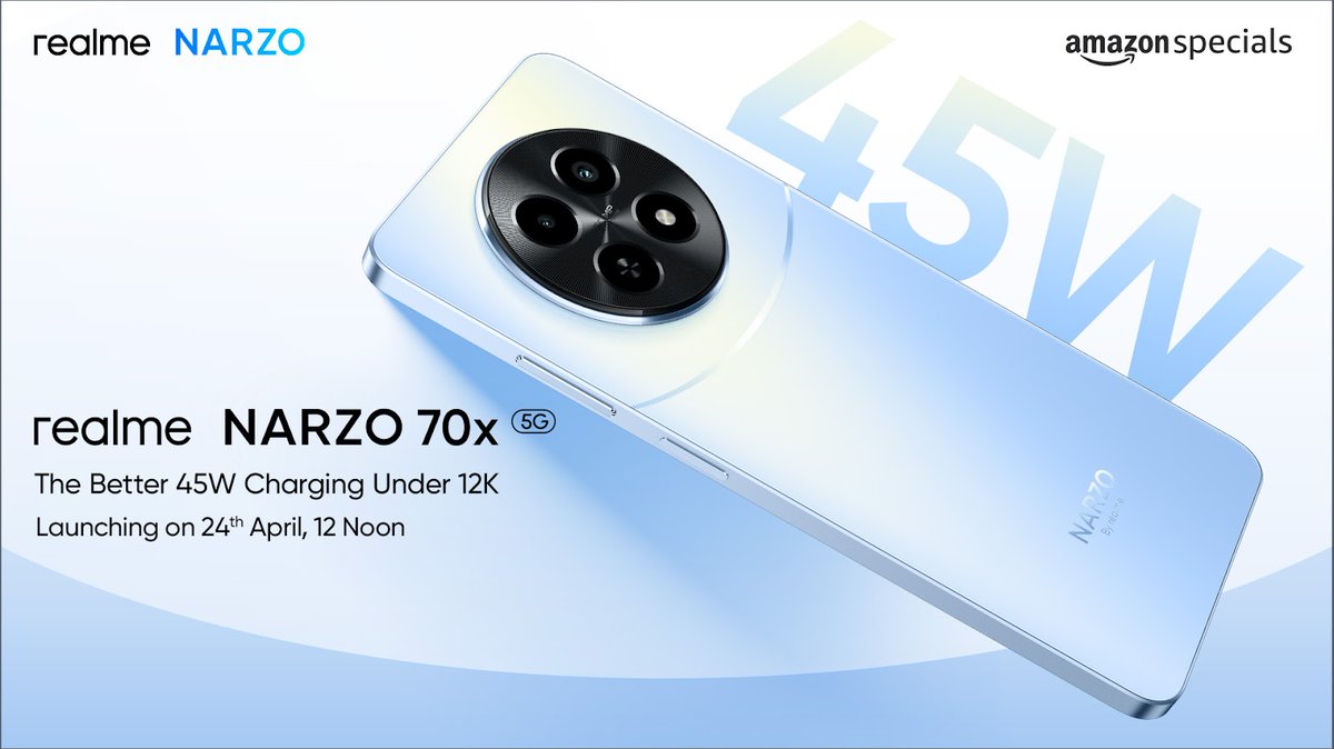 تستعد شركة Realme لإطلاق هاتفها Narzo 70x 5G في الهند في 24 من أبريل مع بطارية 5000mAh مع دعم شحن بقوة 45W
#NARZO70Pro5G 
@realmeSaudi