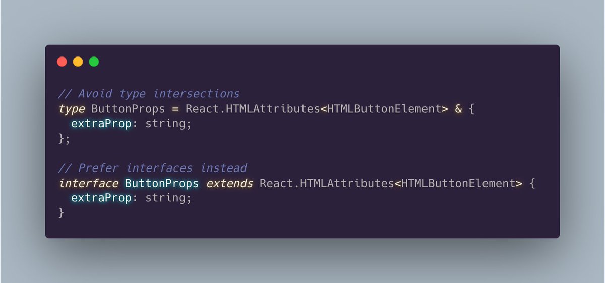 housecor's tweet image. Wanna speed up your TypeScript builds and improve your IDE's TypeScript language server performance?
Replace type intersections with interfaces.
Here's how:
1. Search for this: &amp; {
2. Replace the type intersections with an interface.
Why? Because type intersections are slow.…