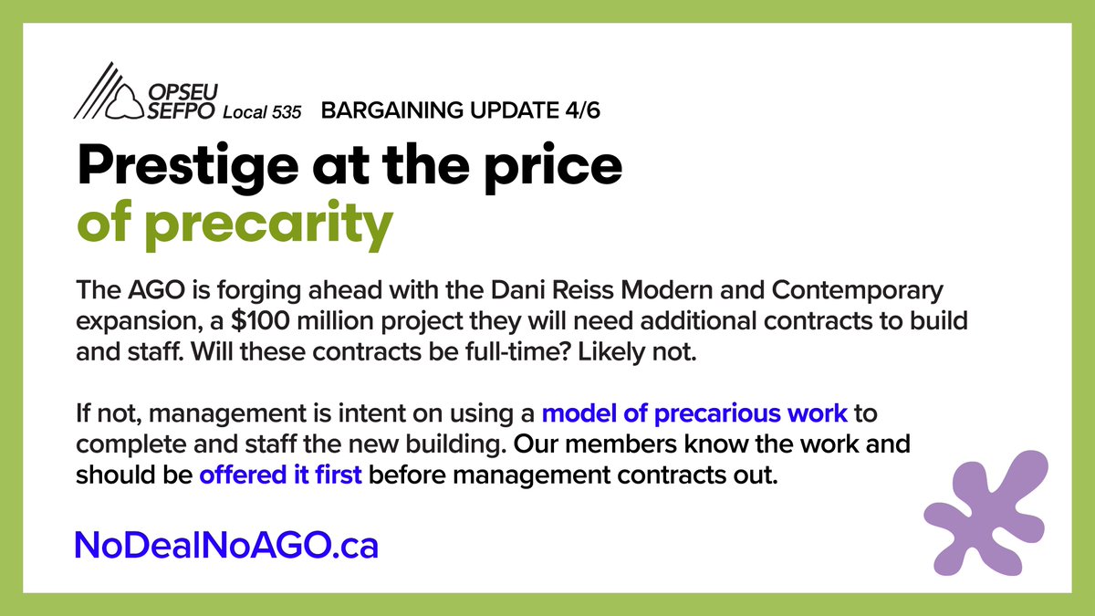 @agotoronto The @agotoronto expansion will need additional contracts to complete. Will these contracts be full-time? If not, management is intent on using a model of precarious work. Our members know the work and should be offered it first before management contracts out.