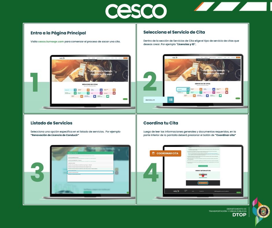 DTOP's tweet image. Para sacar una cita en CESCO, visita cesco.turnospr.com y elige el servicio. Selecciona la oficina CESCO más cercana y elige fecha y hora disponibles. Ingresa tus datos personales y confirma la cita. También puedes utilizar la aplicación CESCO Digital para programar citas.
