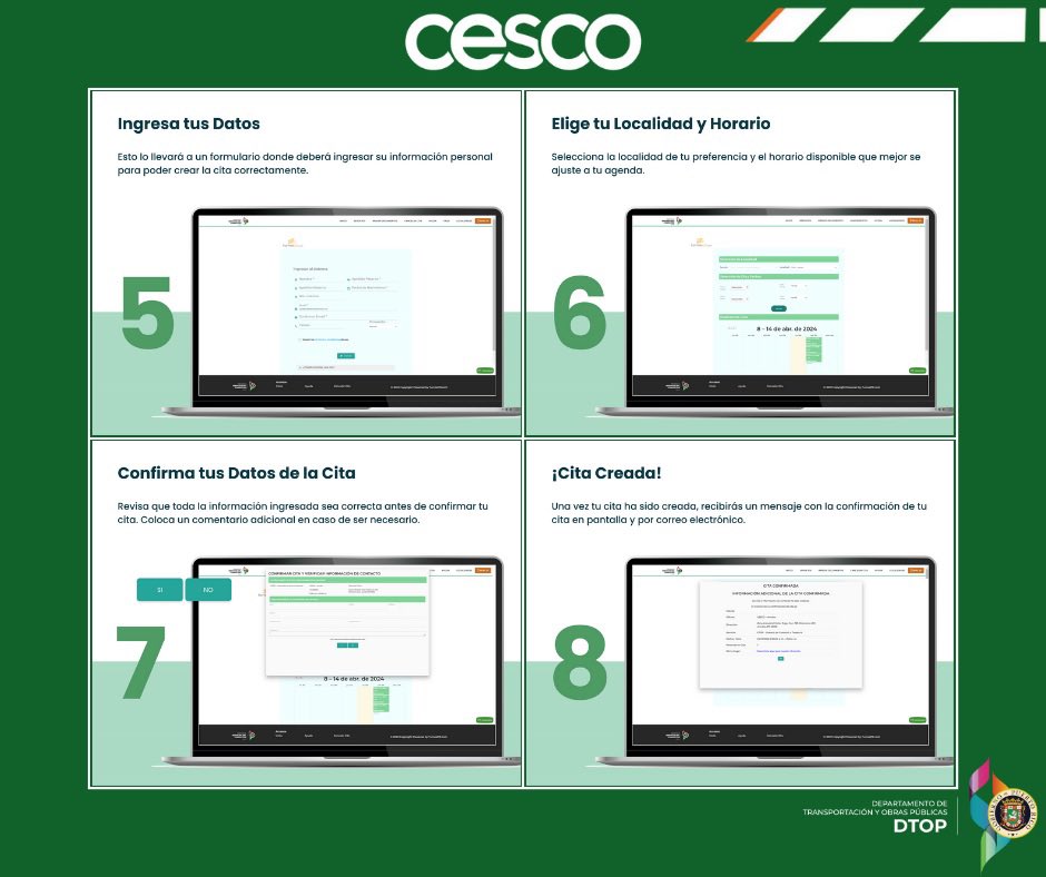 DTOP's tweet image. Para sacar una cita en CESCO, visita cesco.turnospr.com y elige el servicio. Selecciona la oficina CESCO más cercana y elige fecha y hora disponibles. Ingresa tus datos personales y confirma la cita. También puedes utilizar la aplicación CESCO Digital para programar citas.