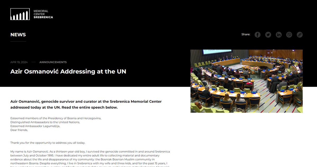 Read this historic speech delivered by Azir Osmanovic (<a href="/SrebrenicaMC/">Srebrenica Memorial Center</a>) at the United Nations. With this, we calmly await the voting in the United Nations General Assembly.

srebrenicamemorial.org/en/news/azir-o…
