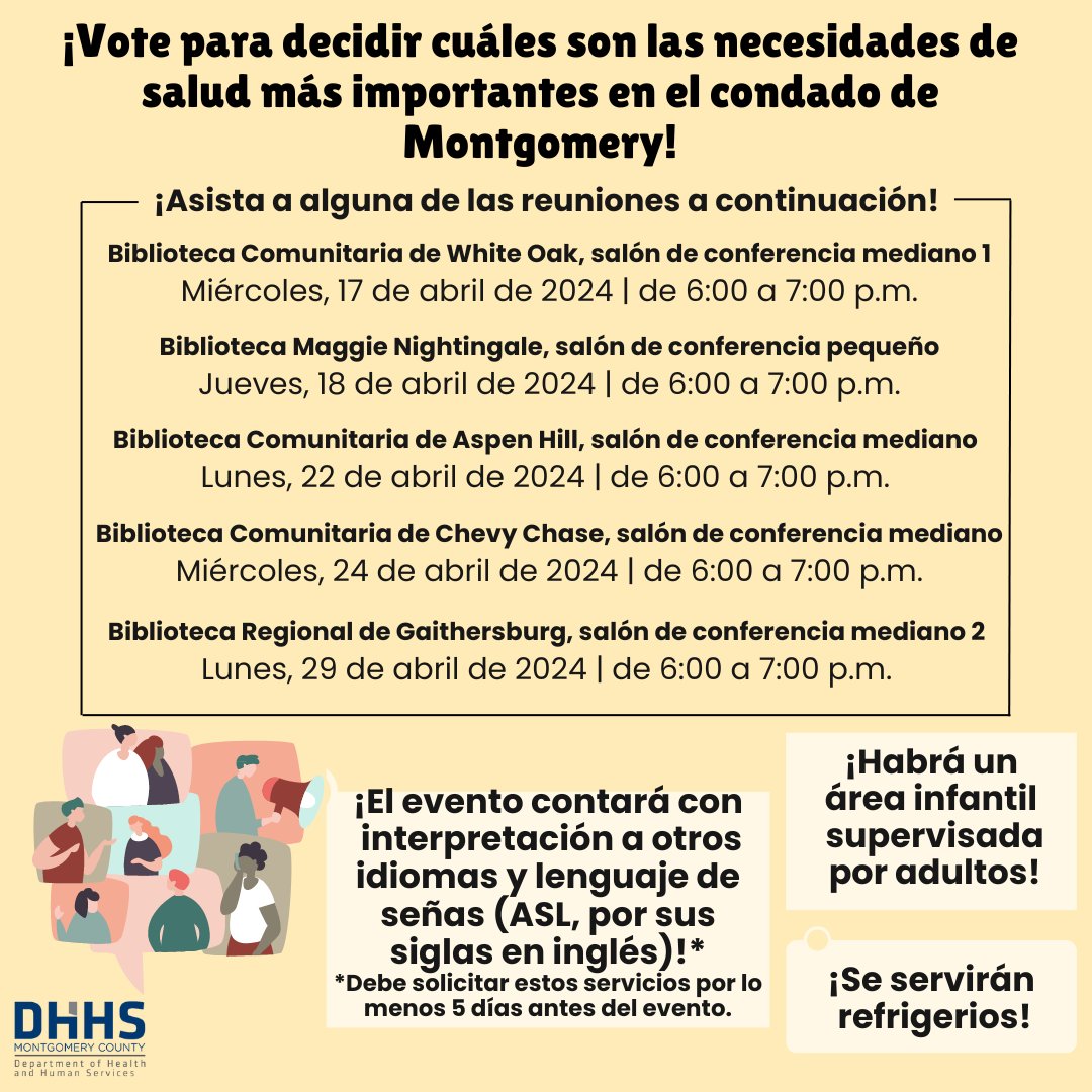 There's still time to register for a meeting! Aspen Hill, Chevy Chase, and Gaithersburg are up next! Register at: tinyurl.com/3ykffzr3 or by calling 240-777-4385, M-F, 9 a.m.-2 p.m. Can’t attend in-person? Vote online: tinyurl.com/ypat47ku #CommunityHealth