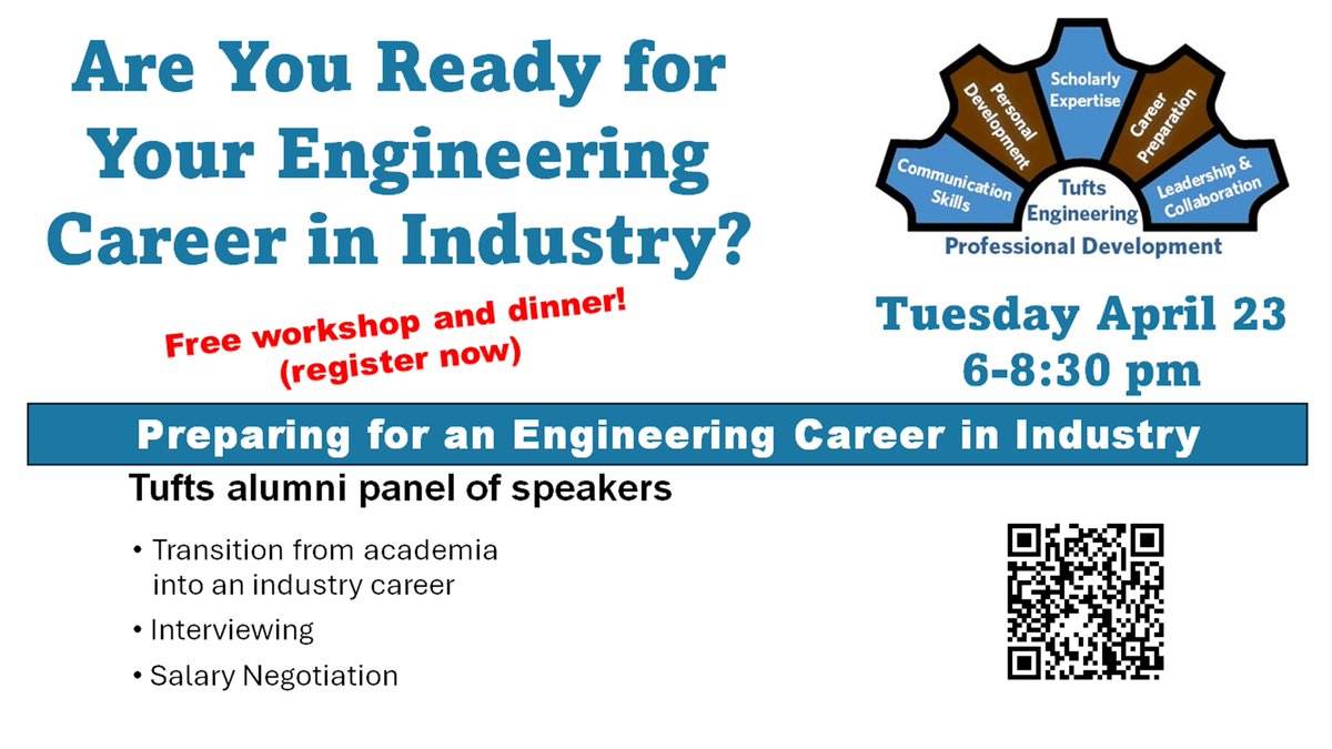 Meet Tufts engineering alumni and build your professional network at 'Preparing for an Engineering Career in Industry' on April 23! Panelists include Chimaka Chima, E14, EG16, Denise Griffin, EG91, EG22, and Tyler Morris, EG21. Register today at bit.ly/3Un3iQn