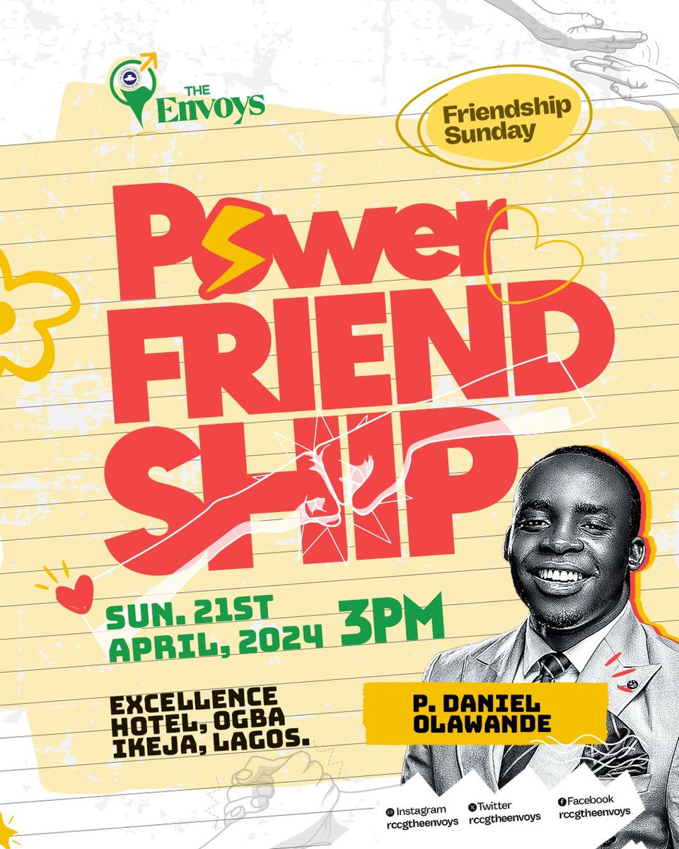 Who is your guy? Do you have a power friend? Join us this Sunday at Rccg the Envoys @rccgtheenvoys Excellence Hotel Ogba, Ikeja Lagos. 3pm It’s our friendship Sunday We will be discussing on the principles of iron sharpening iron. Come with your bestie It’s going to be deep