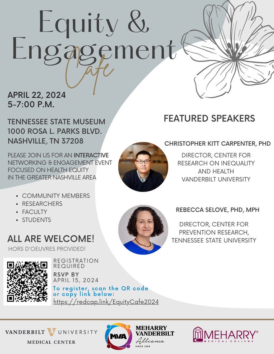 Reminder! The Equity and Engagement Café is Monday, April 22! Don't miss out on one of Nashville's premier interactive networking events for community advocates and researchers. 2024 is the year of building powerful networks! Learn more: bit.ly/4aZHHTt