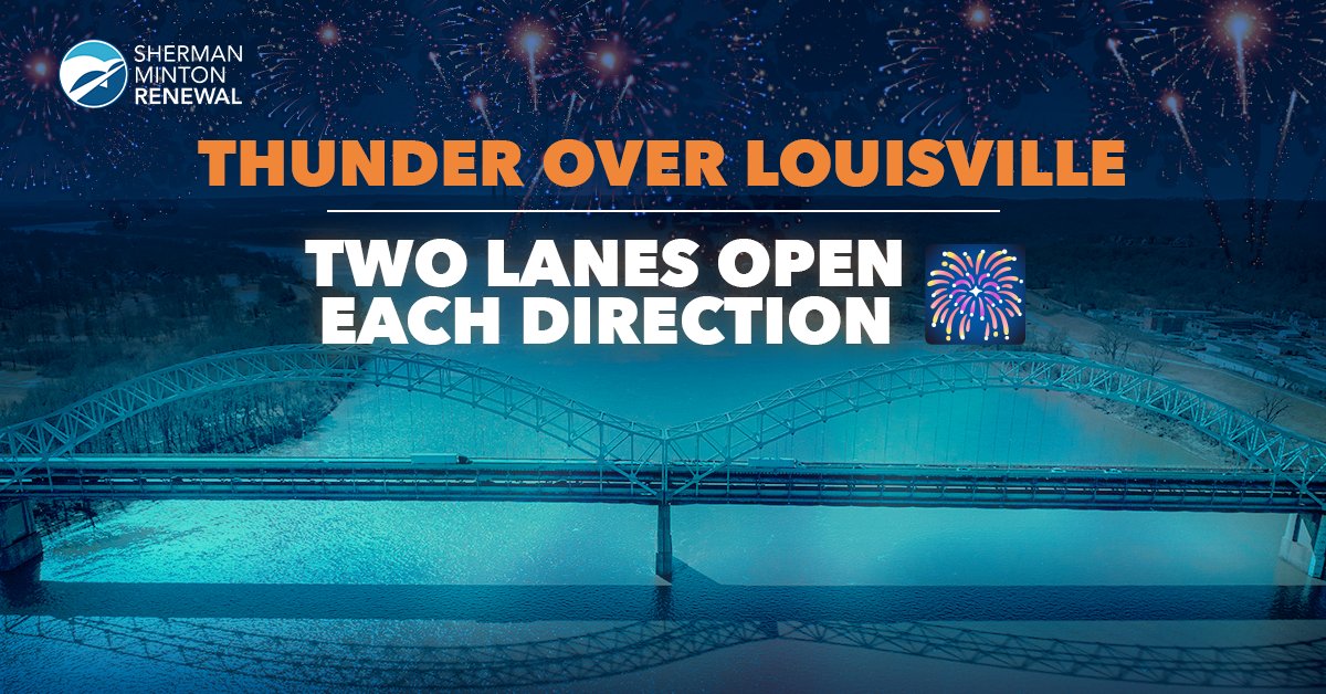 As the Sherman Minton Bridge connects New Albany and West Louisville, Thunder over Louisville brings our Kentuckiana community together to celebrate the @kyderbyfestival. 🎆 Both Eastbound and Westbound will have two lanes open this weekend. Drive safe and enjoy the festivities!