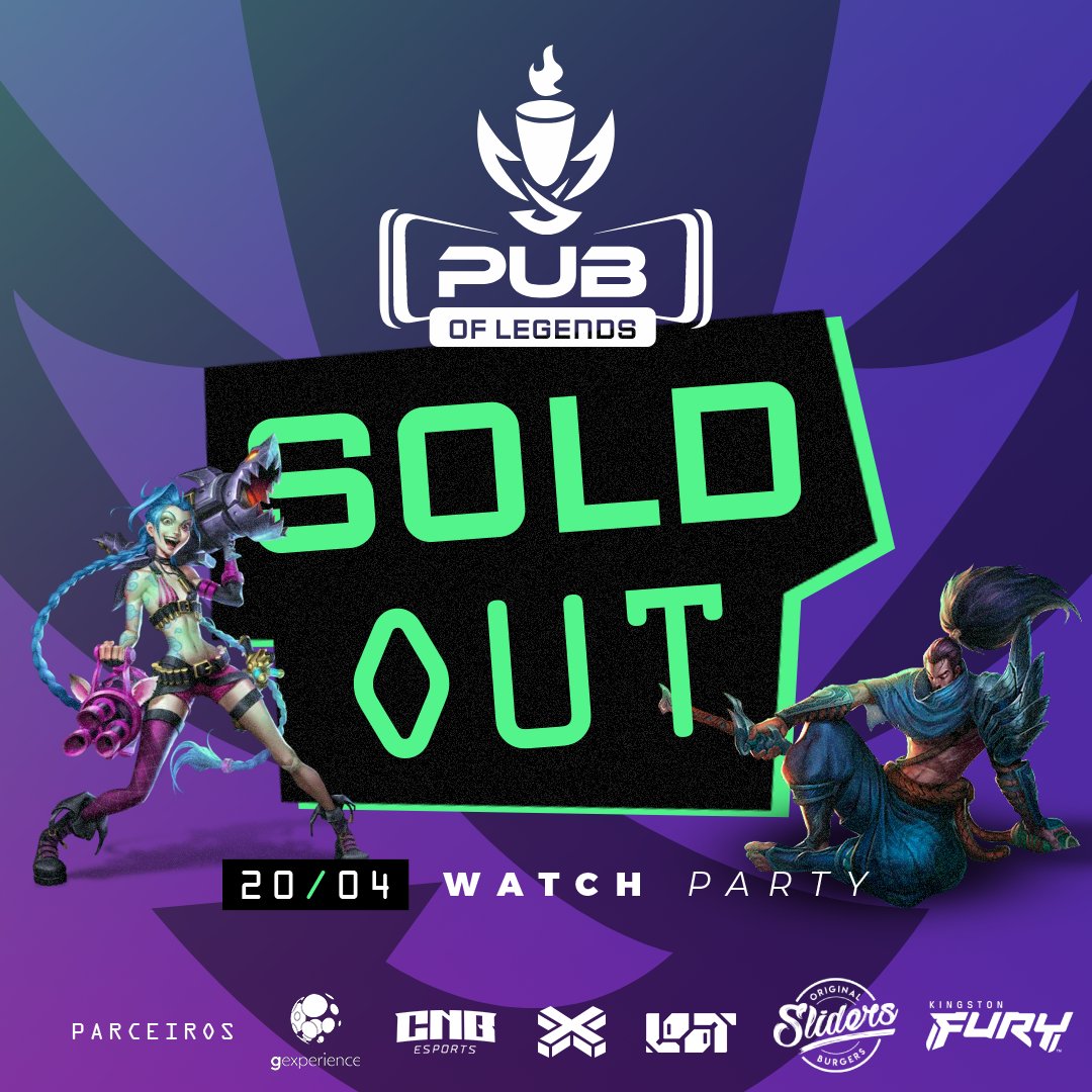 Os ingressos para o Pub of Legends estão ESGOTADOS!

Agora é só aguardar e torcer muito amanhã para o seu time favorito.

Lembrando que o evento começa às 12h, então cheguem cedo e peguem seus lugares, participe dos desafios e aproveite MUITO!

Nos vemos amanhã!