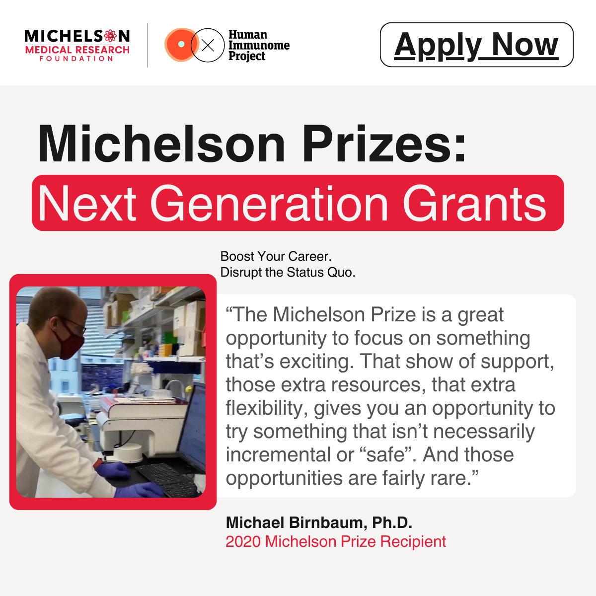 Dr. Michael Birnbaum used his 2020 #MichelsonPrizes: Next Generation Grant to increase knowledge of adaptive immune response, protein engineering, and more. Take the next step with your innovative immunology research and apply today: michelsonprizes.smapply.org @ImmunomePro