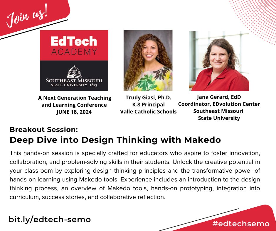 Join @STEAMwhisperer, K-8 Principal at Valle Catholic Schools, and @JanaGerard, EDvolution Center Coordinator at Southeast Missouri State University, for 'Deep Dive into Design Thinking with Makedo' at #edtechsemo on June 18! bit.ly/edtech-semo