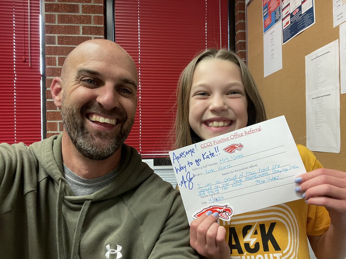 This young lady stayed calm, took her time, and worked hard on her State Assessments after being sick the past two days. She was rewarded with a #PositiveOfficeReferral!! #CliftonClydePride