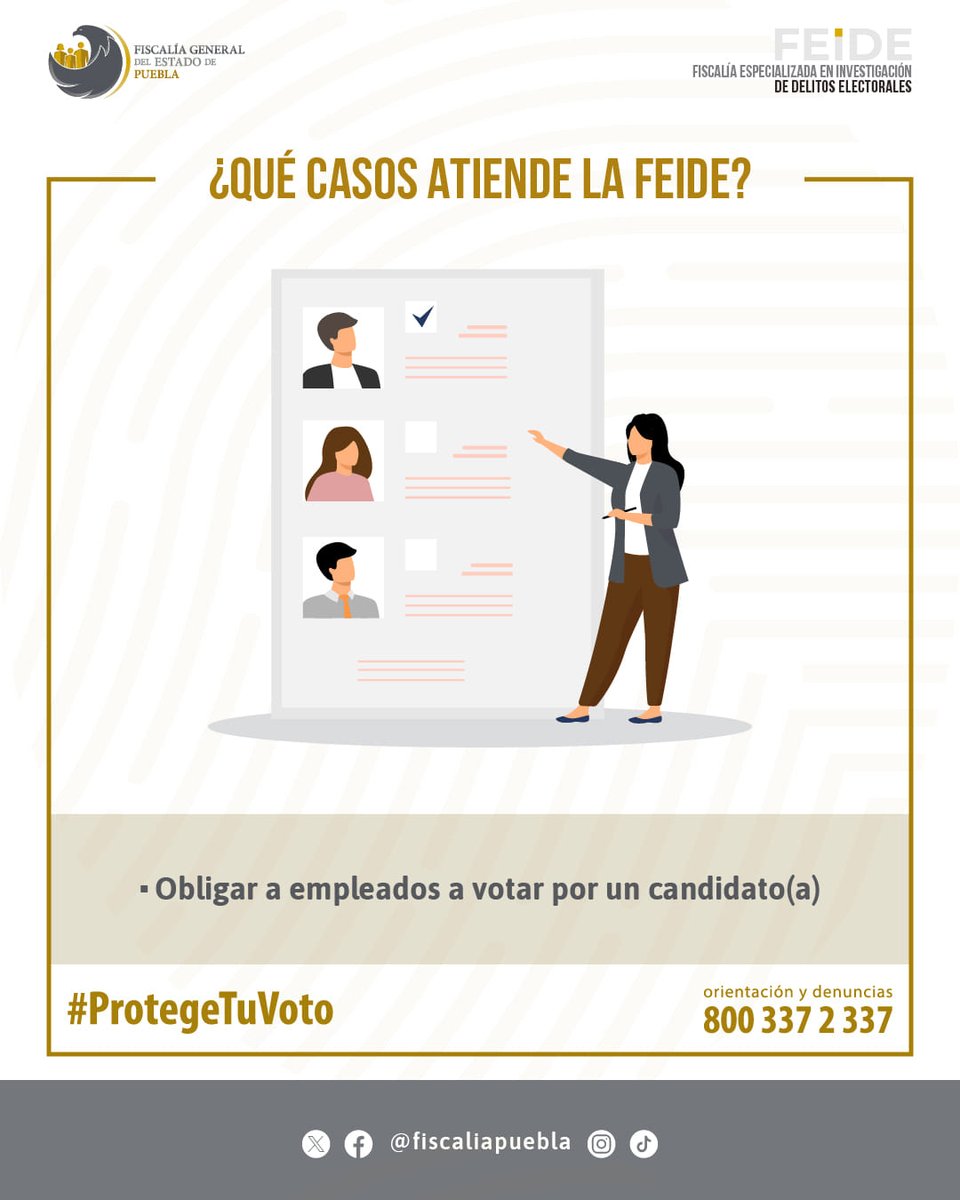 Obligar a empleados a votar por un candidato(a) es un delito que puedes denunciar ante la FEIDE llamando al ☎️ 800 337 2 337 #ProtegeTuVoto 🗳️.