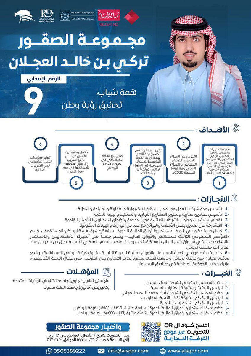 Maaalnews's tweet photo. #تركي_العجلان @turkialajlan يترشح لـ #انتخابات_غرفة_الرياض_١٩ ويؤكد:

بطموح الشباب والعلم والسعي للقمة نحقق، أهدافنا وندعو الله أن نكون محل ثقتكم في خدمة الوطن الغالي.
ولا نستغني عن دعمكم في انتخابات مجلس ادارة غرفة الرياض في دورته الـ19. 
منكم الدعم ومنا العطاء
#مجموعة_الصقور
ad https://t.co/F3GgoJWvuM