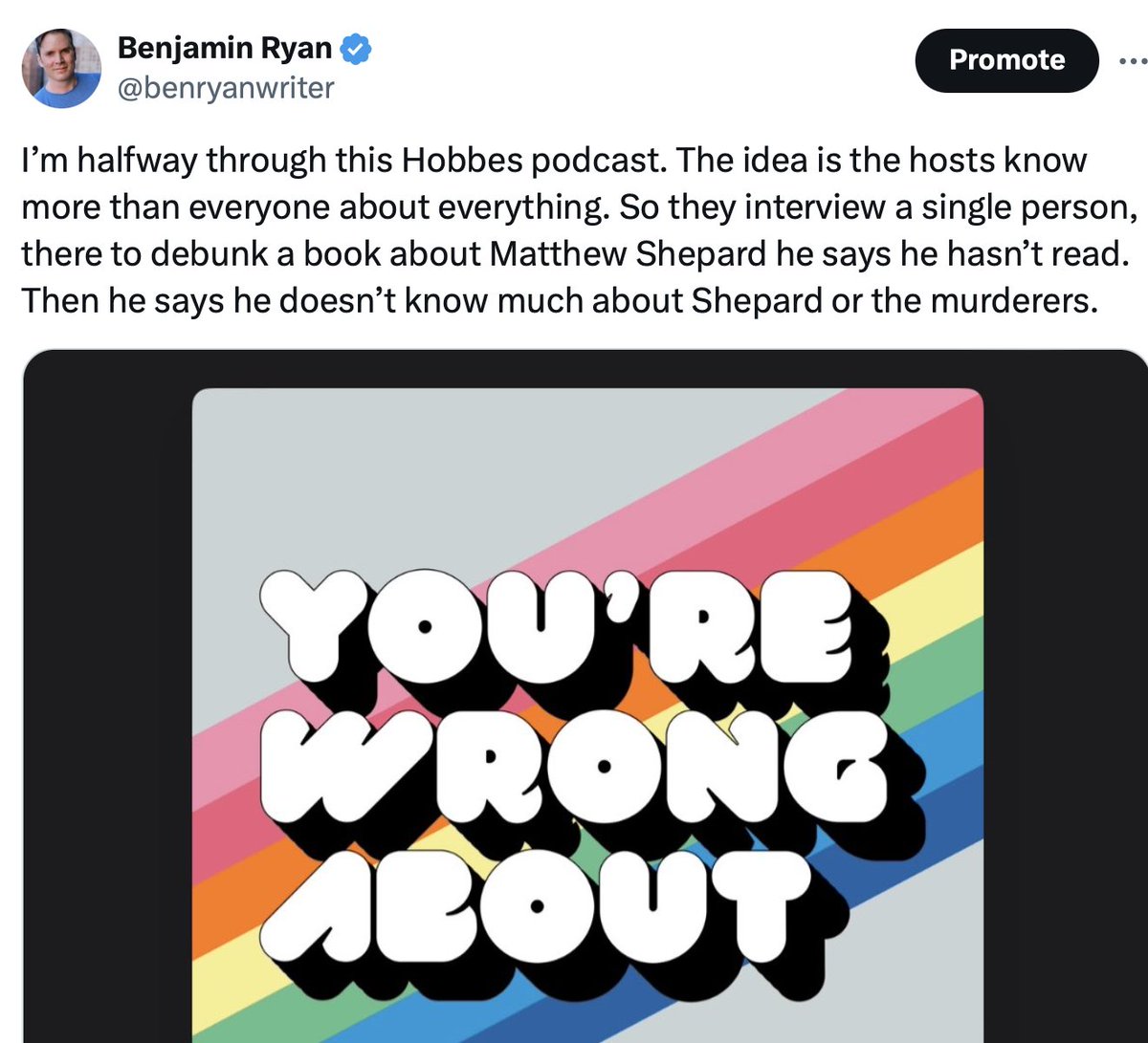 Michael Hobbes did a podcast debunking the book that debunked how Matthew Shepard died. Except that neither Hobbes, nor his cohost, nor their guest had read the book. But sure, let's call *me* uninformed for claiming that he often hasn't done the reading. x.com/benryanwriter/…