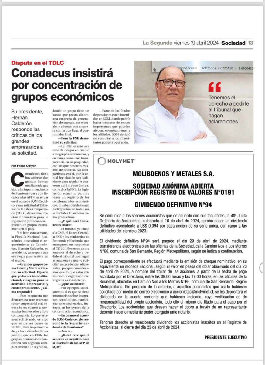 🔵”conadecus insistirá por concentración de grupos económicos” vía @La_Segunda 🔵@HERNANCALDERONR , responde a los grandes conglomerados empresariales Lee aquí 👇 #concentracioneconomica #empresarios #consumo #economia #concentracion #empresas