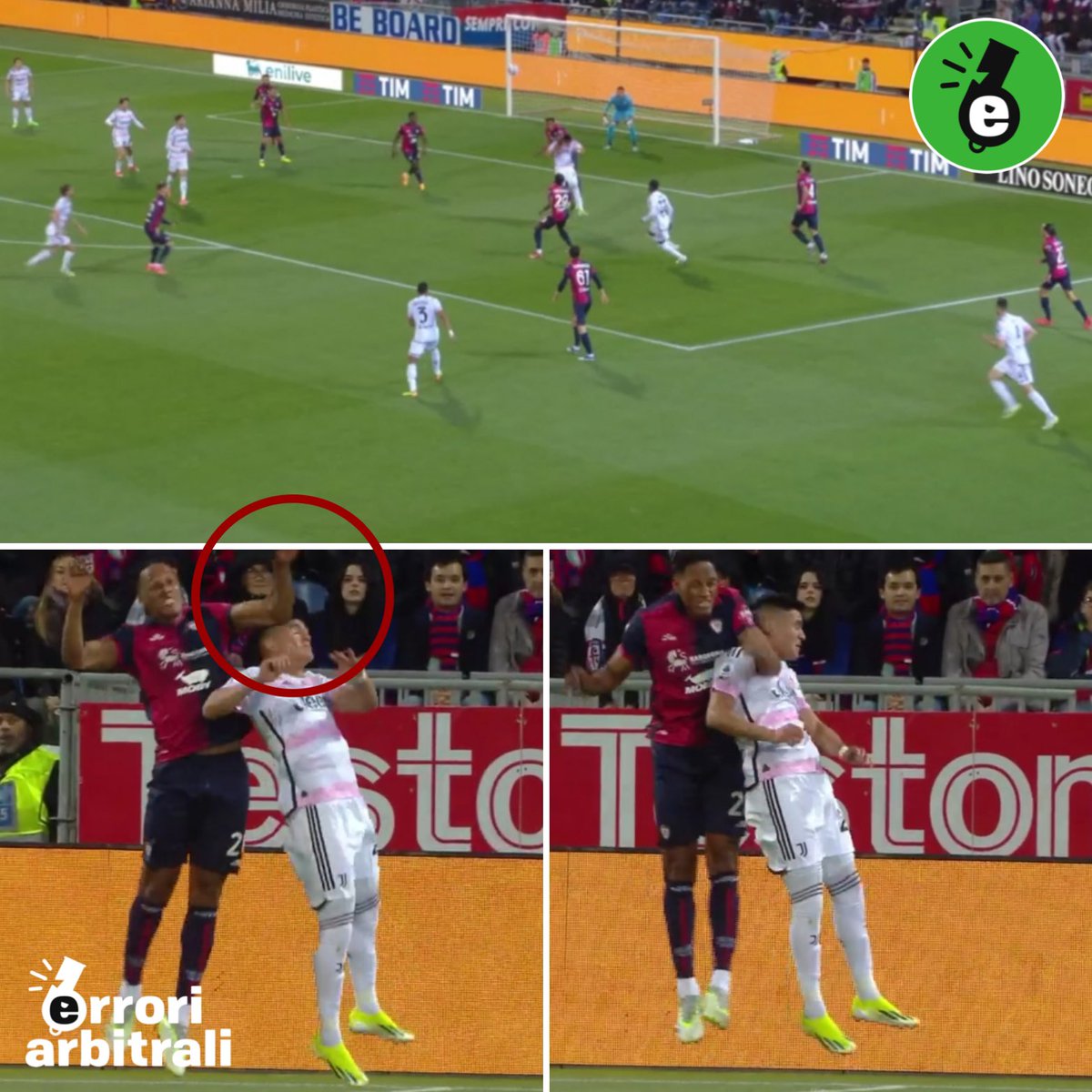 erroriarbitrali's tweet image. #CagliariJuventus | difficile vedere il contatto #Mina / #Alcaraz come normale scontro di gioco (📸 DAZN): vero, il rossoblu salta più in alto ma il sinistro va nell’allargarsi sulla testa dell’avversario colpendolo con una certa forza.

❌ Manca il fischio e conseguente rigore e