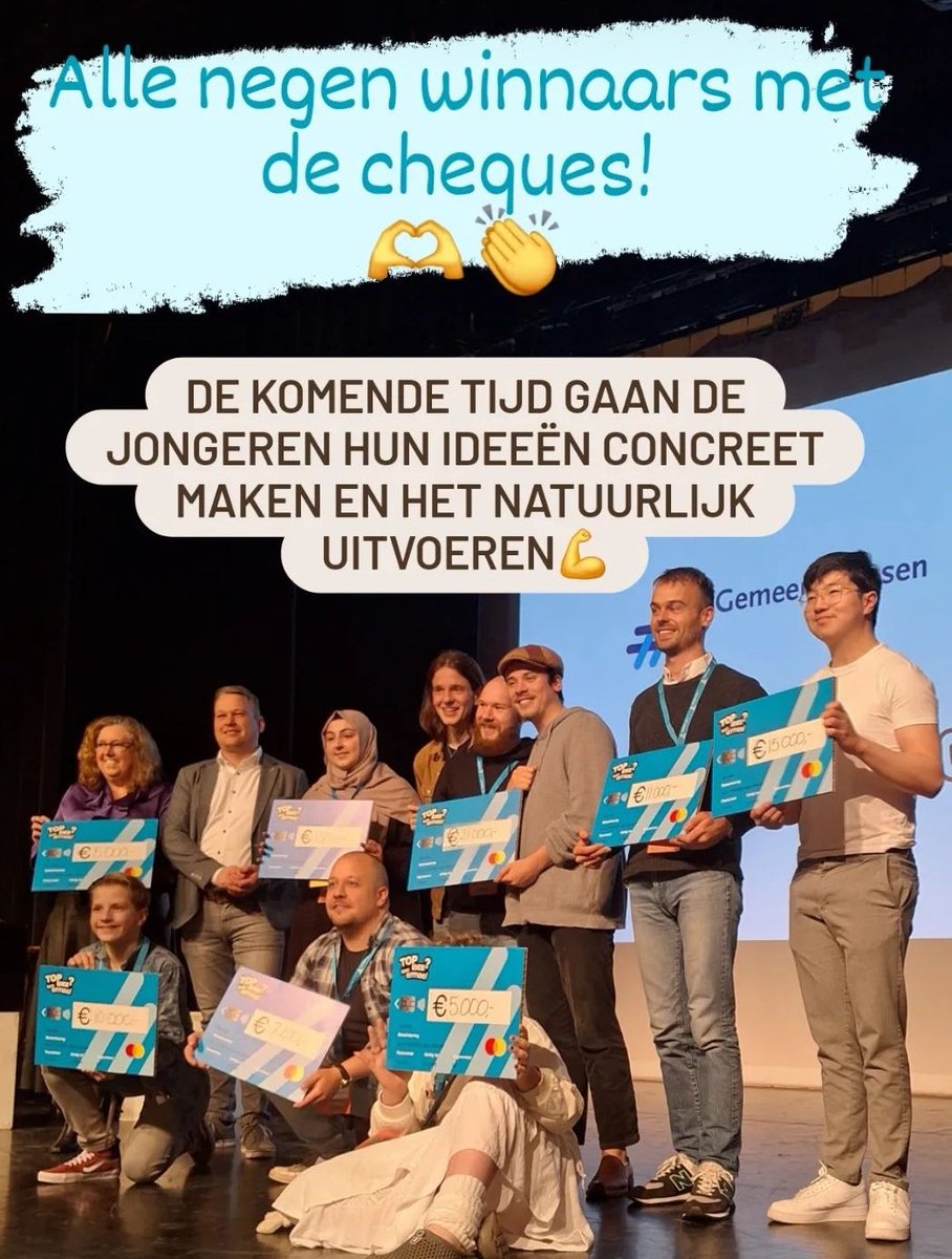 JanBroekema's tweet photo. Vanavond aan de 9 winnaars van het jongeren ideeënfestival hun cheque mogen overhandigen. Door jongeren zelf bedacht, ingediend en besloten.  Samen goed voor 100.000 euro.  Zij mogen hun idee nu ook echt gaan uitvoeren. #topidee #komermee #Assen #jongeren # https://t.co/KcSyfjI5nj