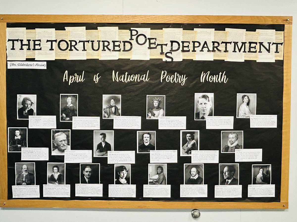 In anticipation & celebration of @taylorswift13’s #TorturedPoets release, my ELA colleague created “The Tortured Poets Department: Mrs. Gildersleeve’s Version” bulletin board with some educated guesses on poet & poem connections based on song titles alone!