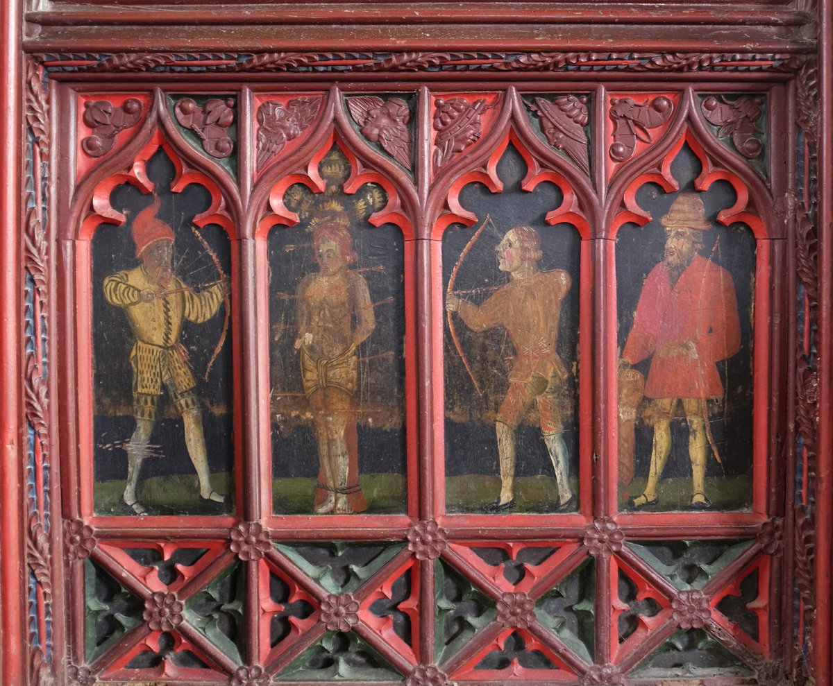 Ugborough #Devon Screen of c. 1525 also 'badly treated but still impressive' (Pevsner). Section here depicting the Martyrdom of St Sebastian with three archers. 📸: my own #ScreenSaturday