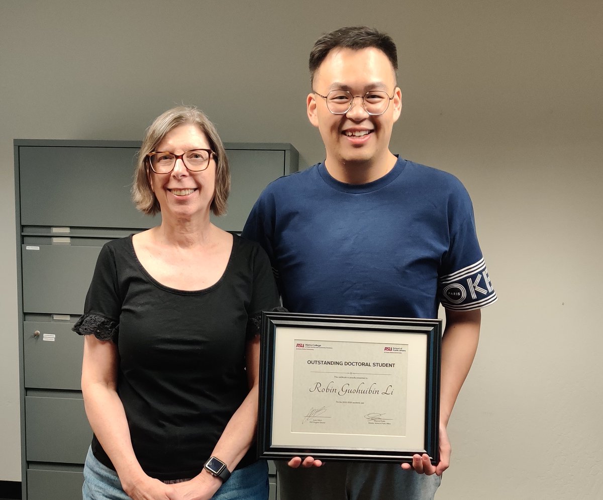 KMossberger's tweet photo. Congratulations to @RobinatASU!   Proud to see you receive the well-deserved Outstanding Doctoral Student Award from @ASUPubAffairs.  Looking forward to the dissertation and publications coming! https://t.co/oXPrST2om6