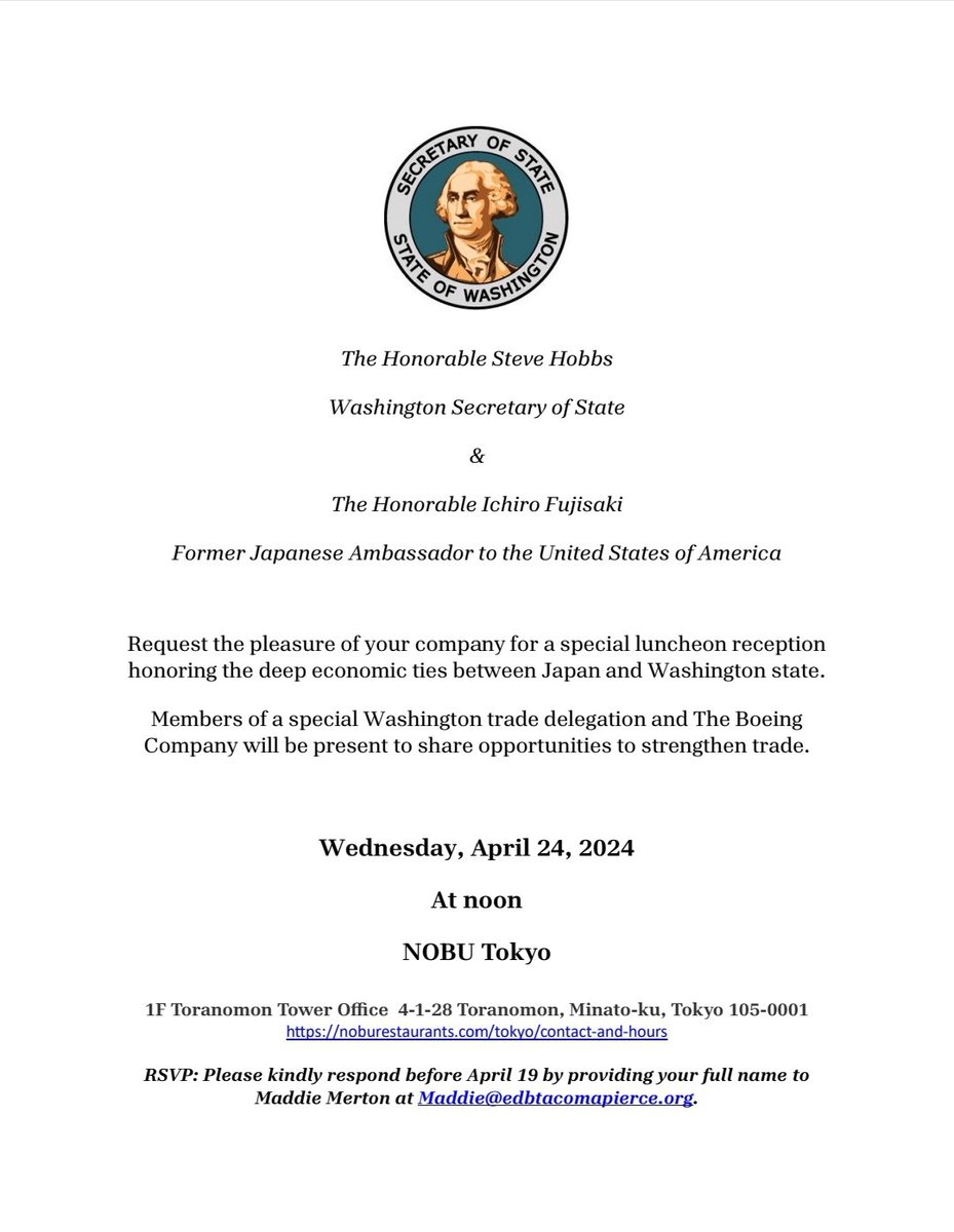 rockashelle's tweet photo. Why is Boeing sponsoring a luncheon for Steven Hobbs, WA Secretary of State @secstatewa to meet with a former Japanese ambassador? (Side note... luncheon at a restaurant owned by Robert De Niro?) 🤔 @idontexistTore https://t.co/Fpe5WnOltd