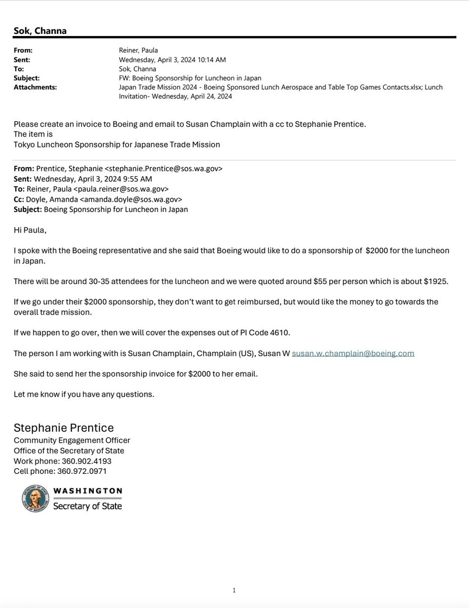 rockashelle's tweet photo. Why is Boeing sponsoring a luncheon for Steven Hobbs, WA Secretary of State @secstatewa to meet with a former Japanese ambassador? (Side note... luncheon at a restaurant owned by Robert De Niro?) 🤔 @idontexistTore https://t.co/Fpe5WnOltd
