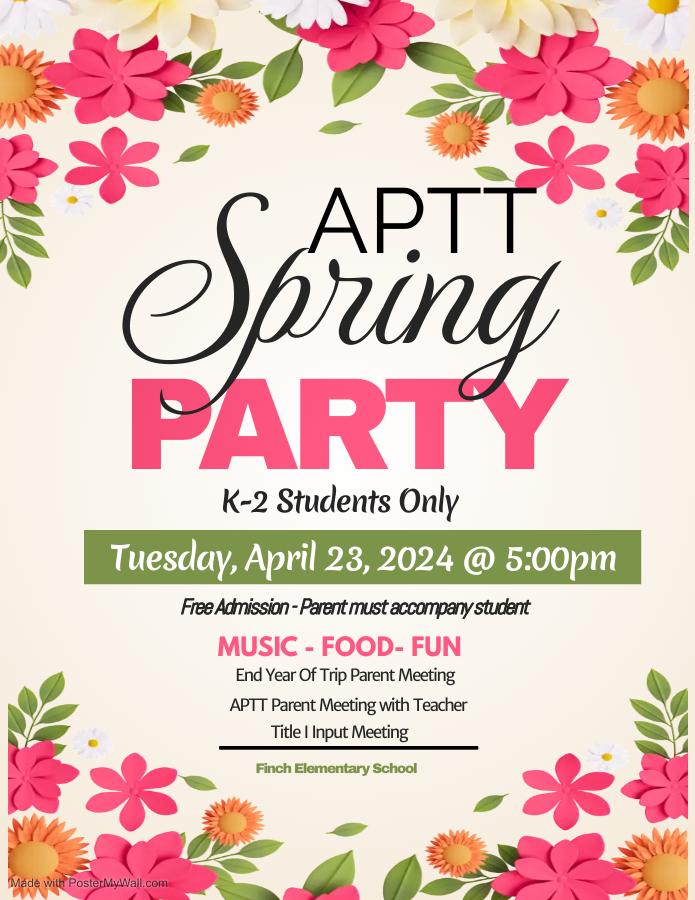 Attention @APSFinchEagles K- 2 Families! There will be an APTT Meeting and Spring Party Tuesday, April 23rd. Please make plans to attend. @apsupdate @DrTSpencer @AketaWise
